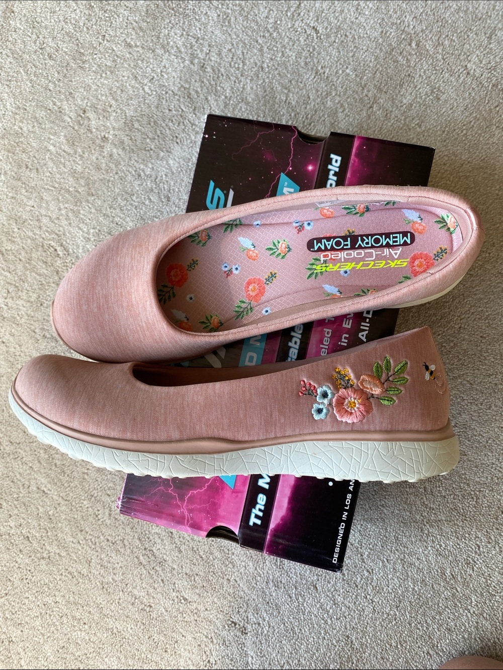 Skechers Pink Embroidered Floral Slip-On Flats